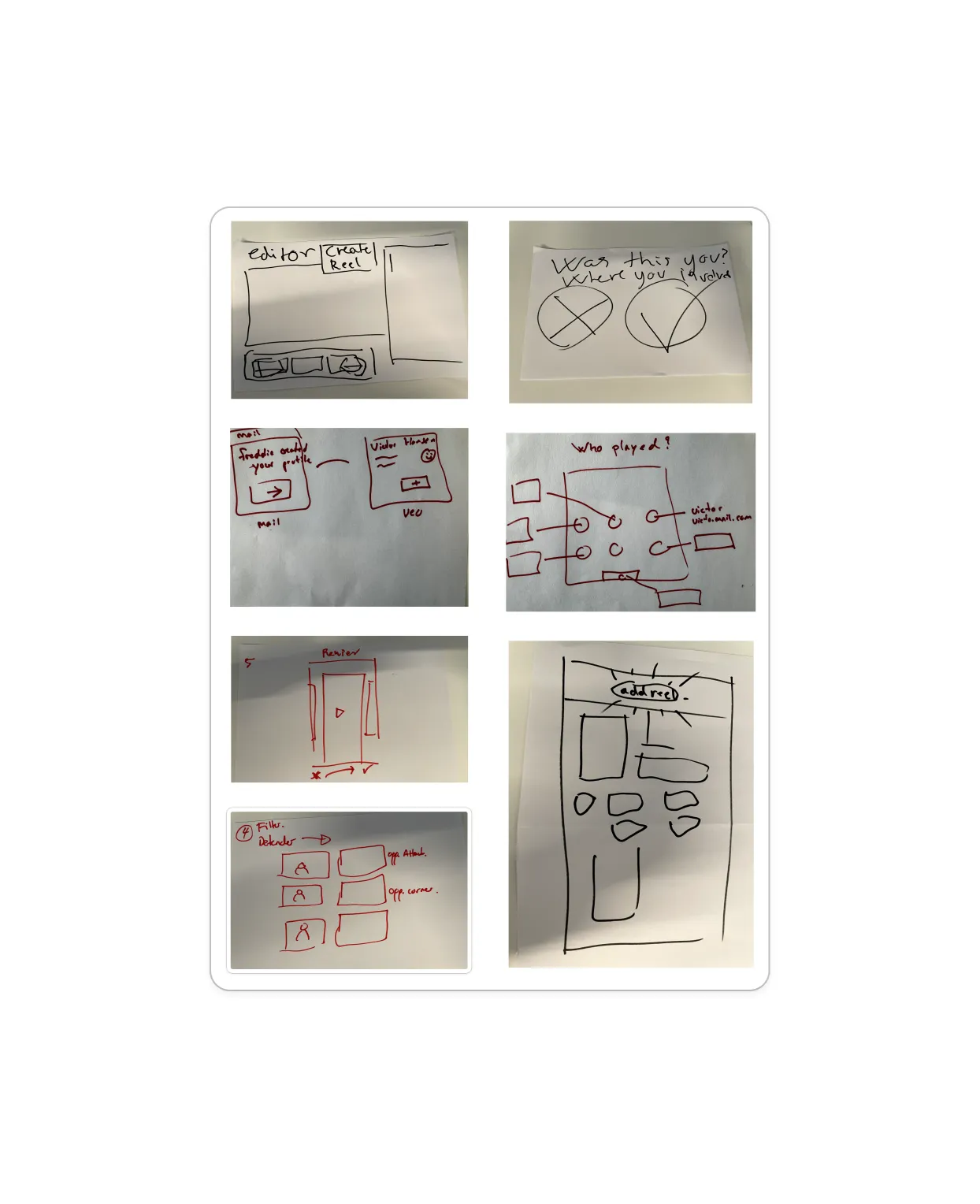 Drawings from a Crazy Eight session, featuring creative input from designers and developers across multiple teams